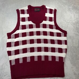 Vintage Burgundy White Checkered Knit Sweater Vest Scoop Neck 70s Retro Mens L